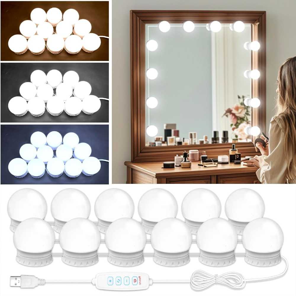 Hollywood Style Vanity Mirror Lights – 10 Dimmable LED Bulbs with 3 Color Modes